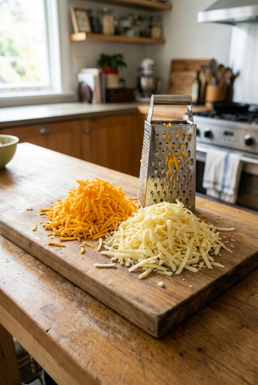 A wooden cutting board with freshly shredded cheddar and Monterey Jack cheese