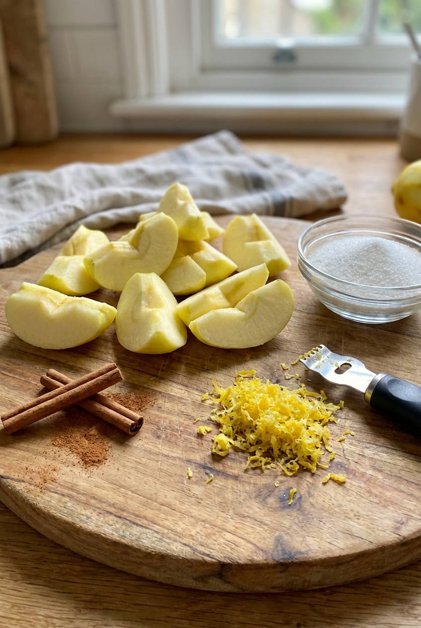 A wooden cutting board with peeled apples, lemon zest, cinnamon, and a small bowl of sugar ready for strudel filling