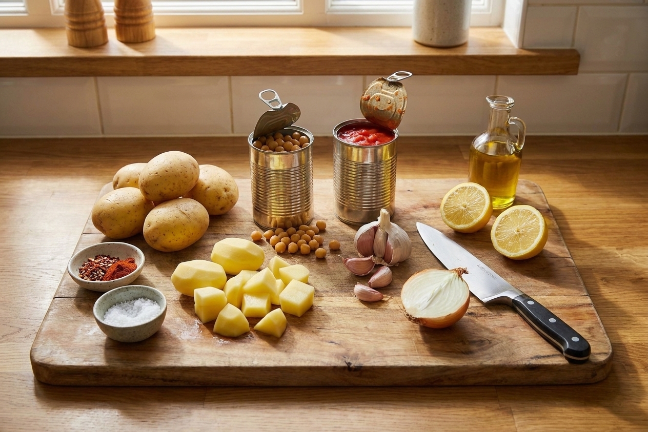 A wooden cutting board with potatoes, a can of chickpeas, canned tomatoes, garlic, lemon, onion, olive oil, and small bowls of spices arranged for cooking
