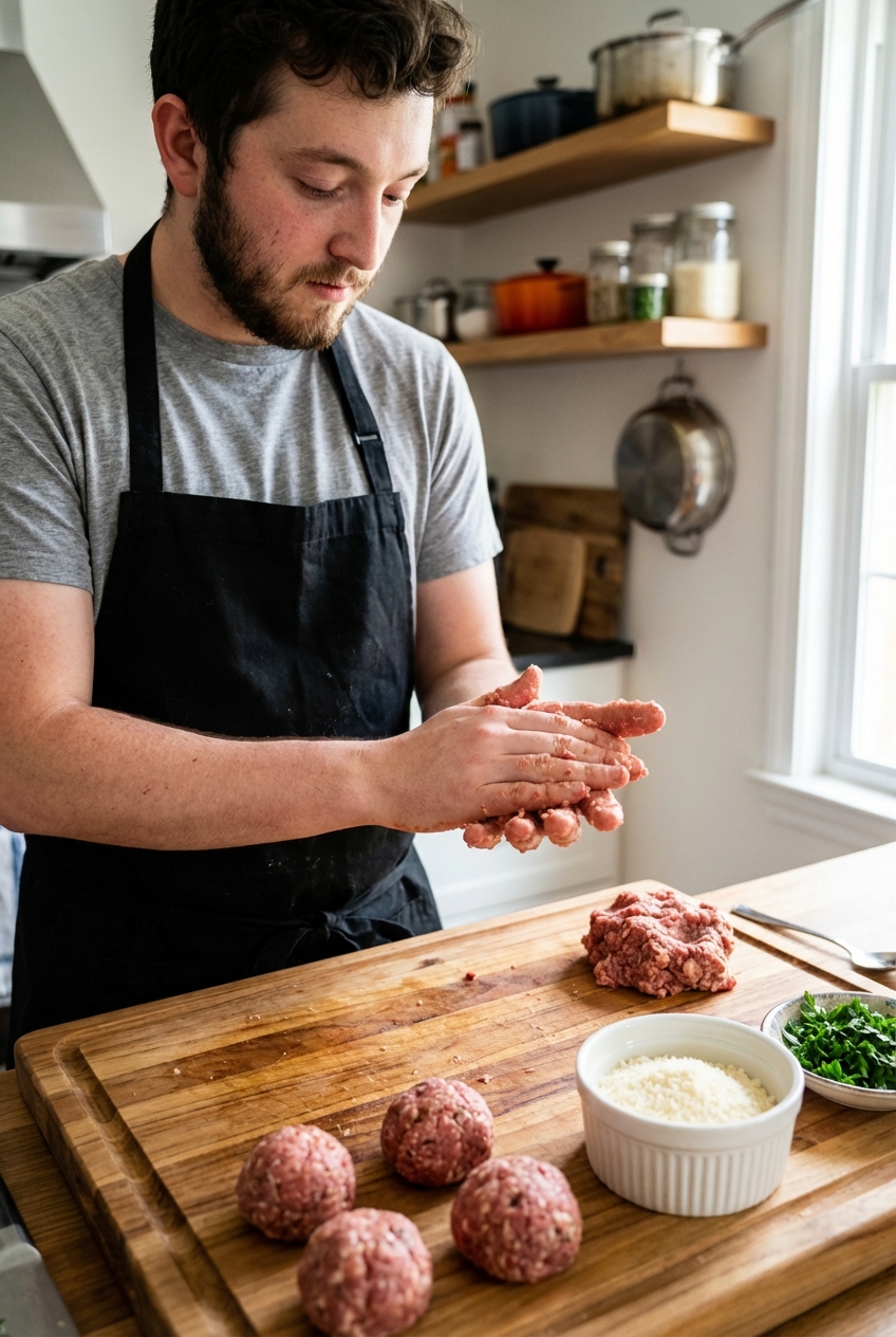 A wooden cutting board with raw meatball mixture being rolled into balls next to a small bowl of grated Parmesan and chopped parsley