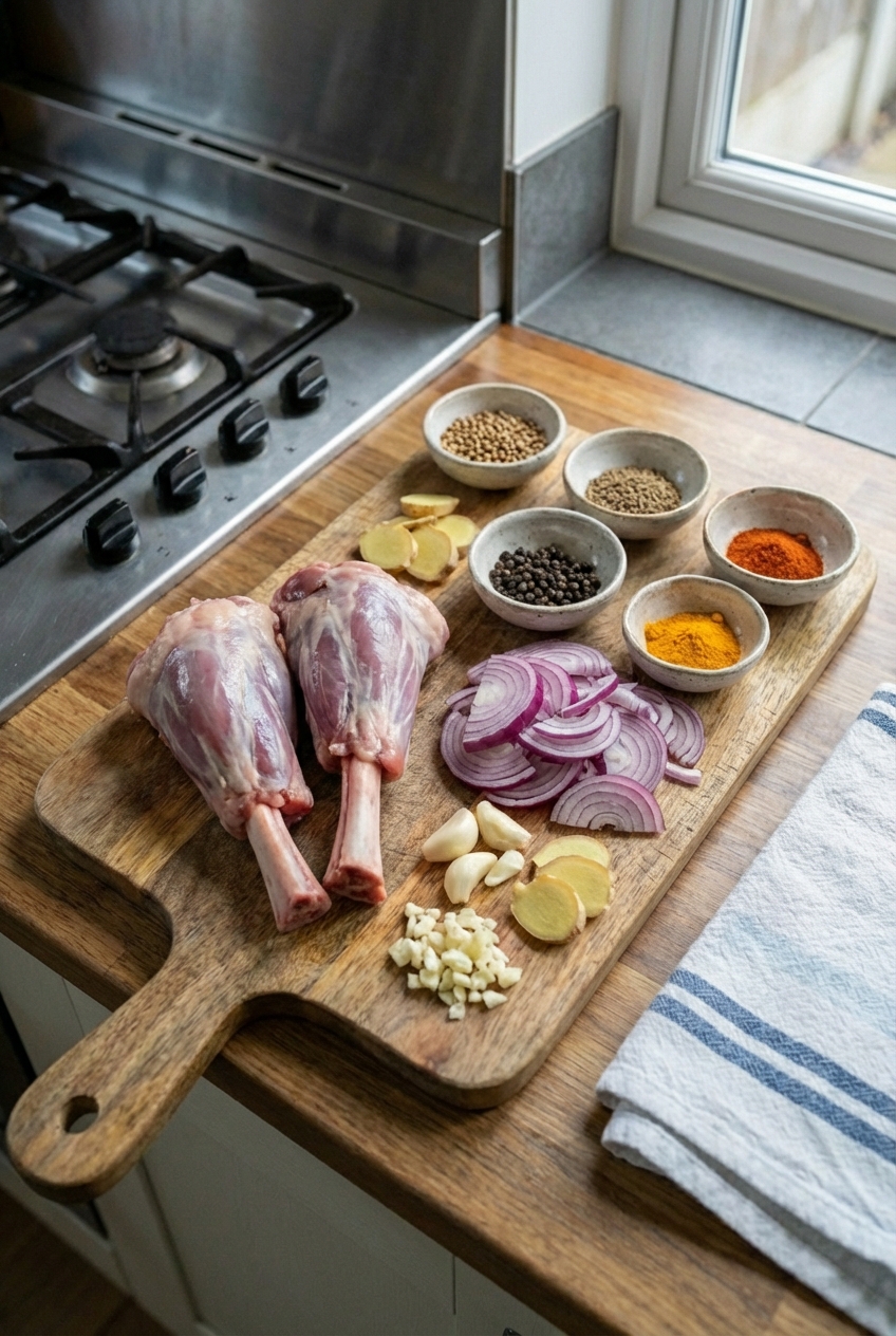 A wooden cutting board with raw mutton shanks, sliced onions, garlic, ginger, and small bowls of spices ready for cooking