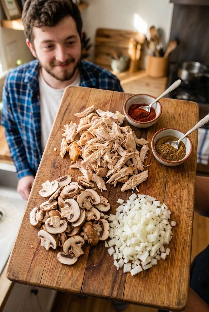 A wooden cutting board with shredded rotisserie chicken, sliced mushrooms, diced onion, and small bowls of smoked paprika and cumin