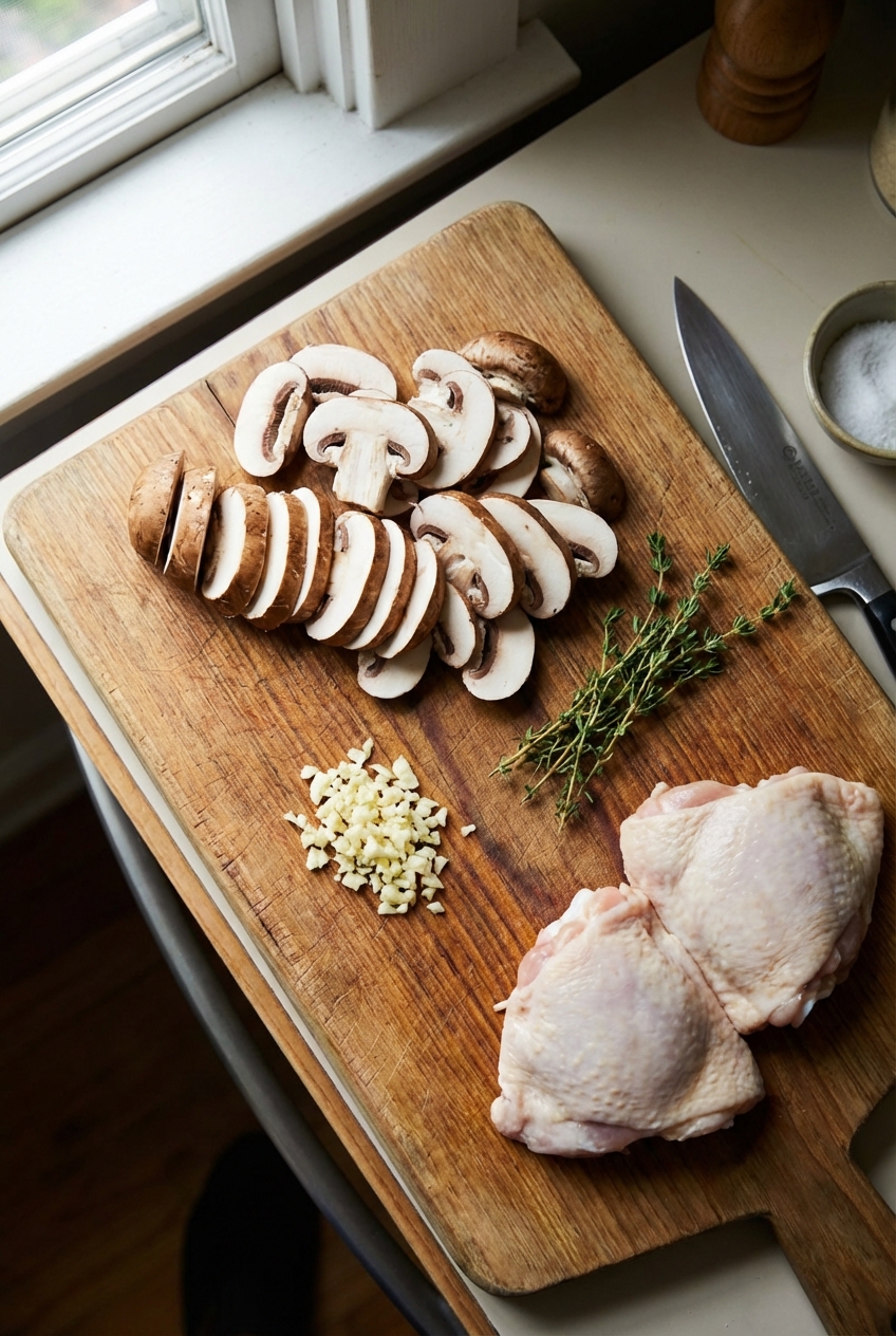 A wooden cutting board with sliced cremini mushrooms, minced garlic, and fresh thyme next to raw chicken thighs