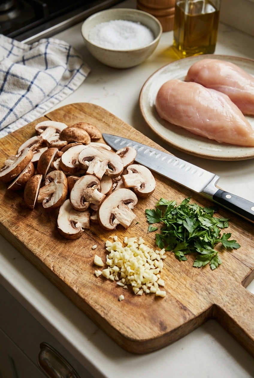 A wooden cutting board with sliced mushrooms, minced garlic, and chopped parsley next to raw chicken breasts
