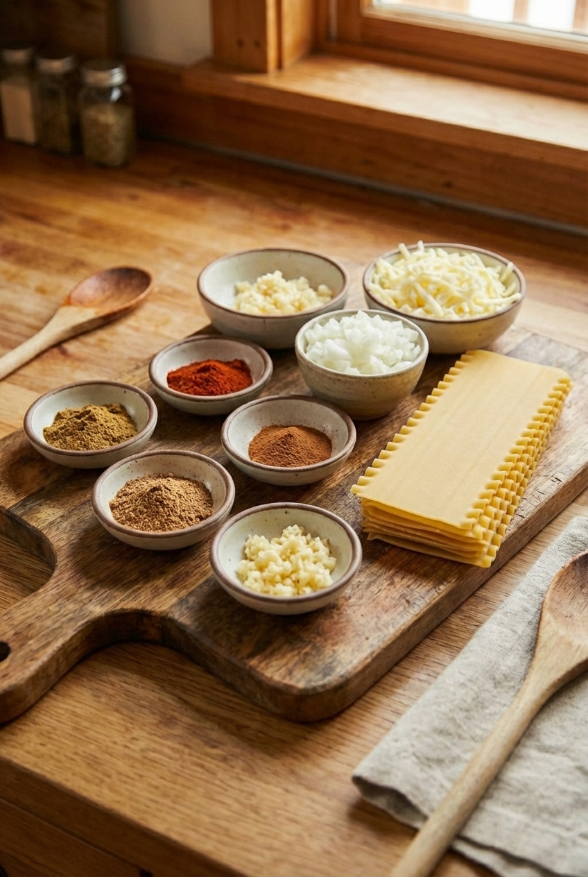 A wooden cutting board with small bowls of cumin, paprika, coriander, cinnamon, minced garlic, chopped onion, and shredded cheese next to lasagna noodles