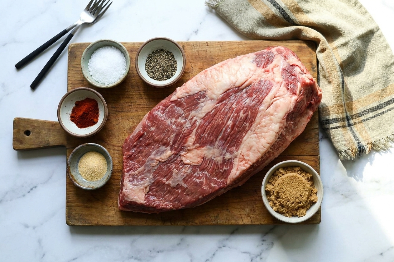 A wooden cutting board with small bowls of salt, black pepper, smoked paprika, garlic powder, and brown sugar arranged next to a raw brisket