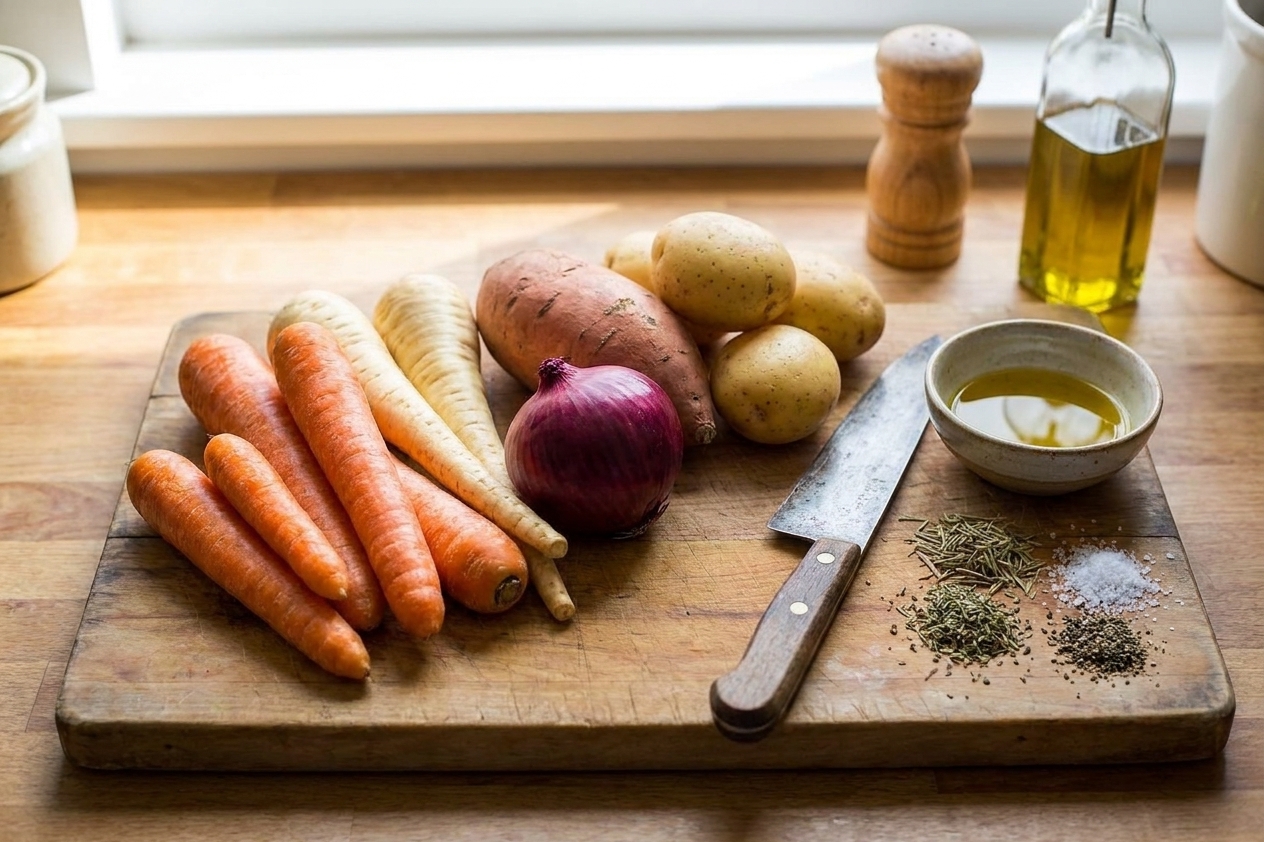 A wooden cutting board with whole carrots, parsnips, red onion, sweet potato, and golden potatoes beside a small bowl of olive oil and spices on a bright kitchen counter