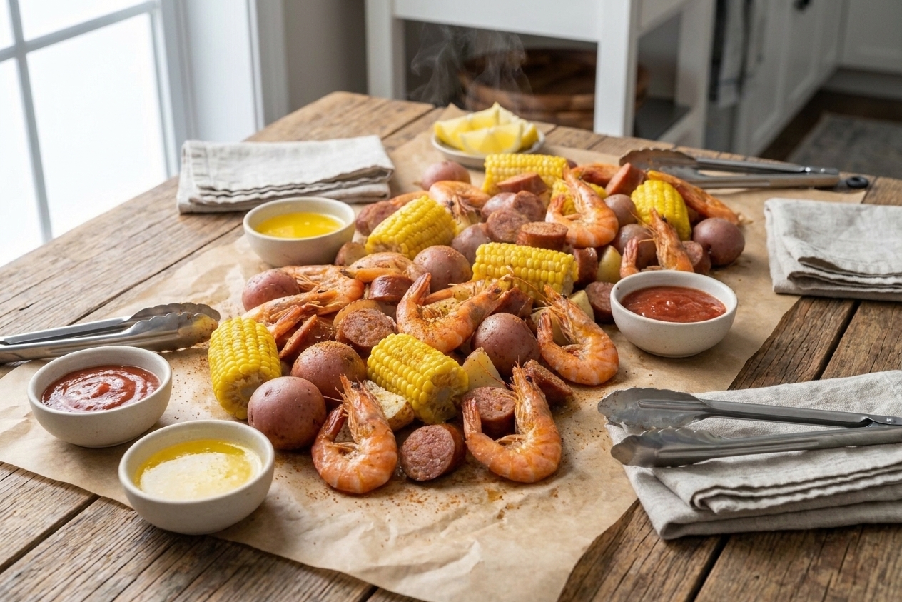 A wooden dining table lined with parchment paper, with small bowls, napkins, and tongs set out for a seafood boil
