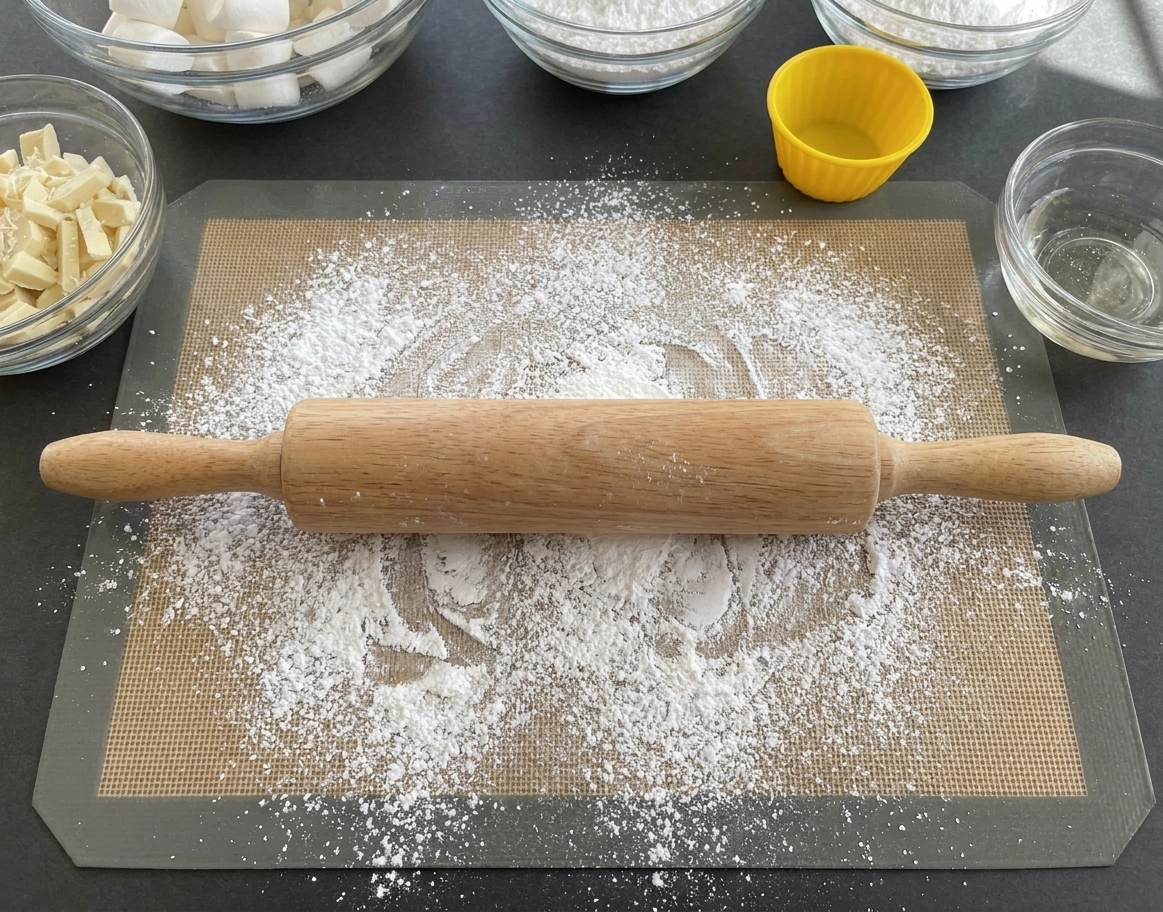 A wooden rolling pin resting on a silicone pastry mat dusted lightly with powdered sugar on a kitchen counter
