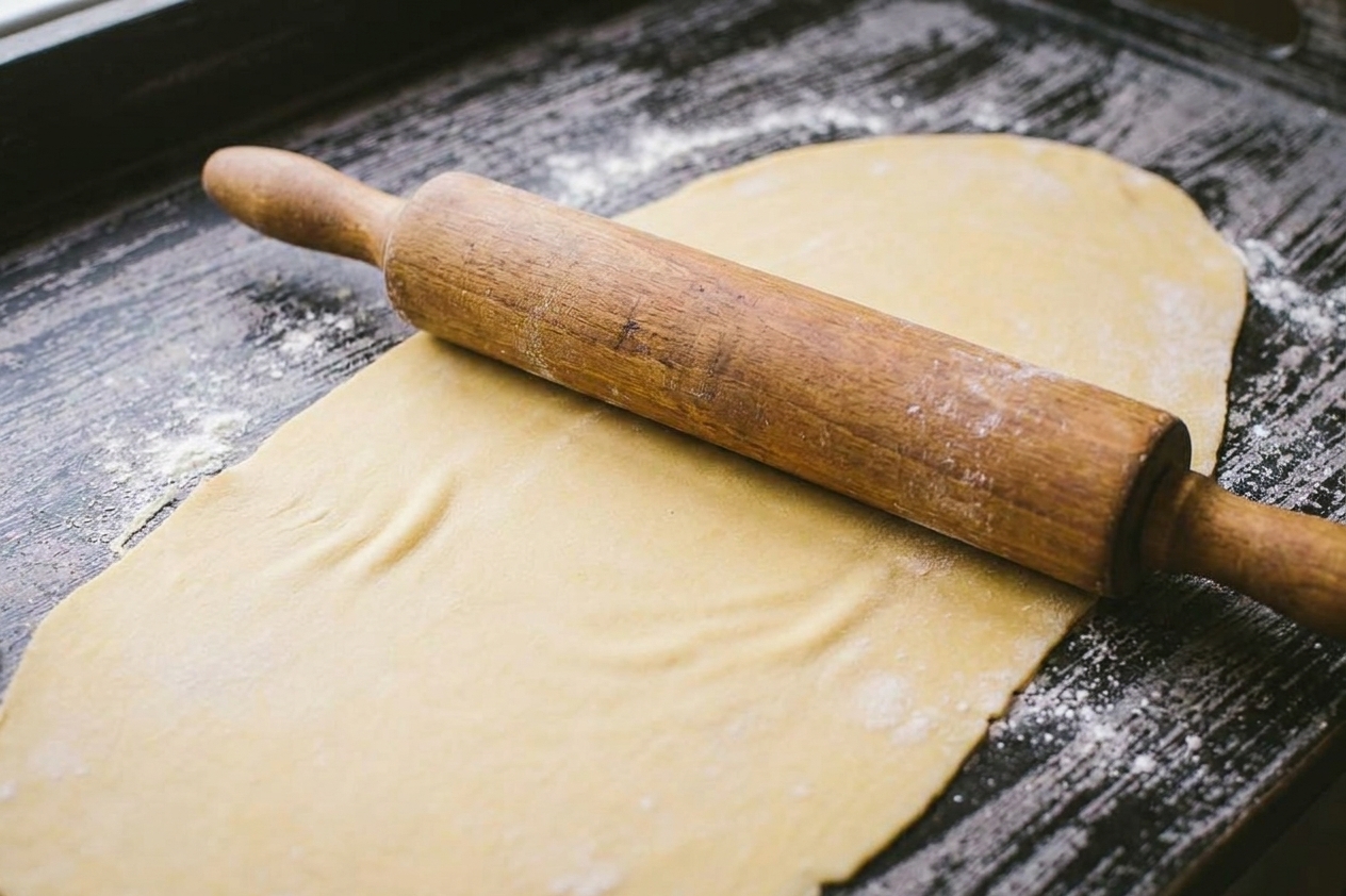 A wooden rolling pin rolling out pale egg noodle dough on a lightly floured countertop