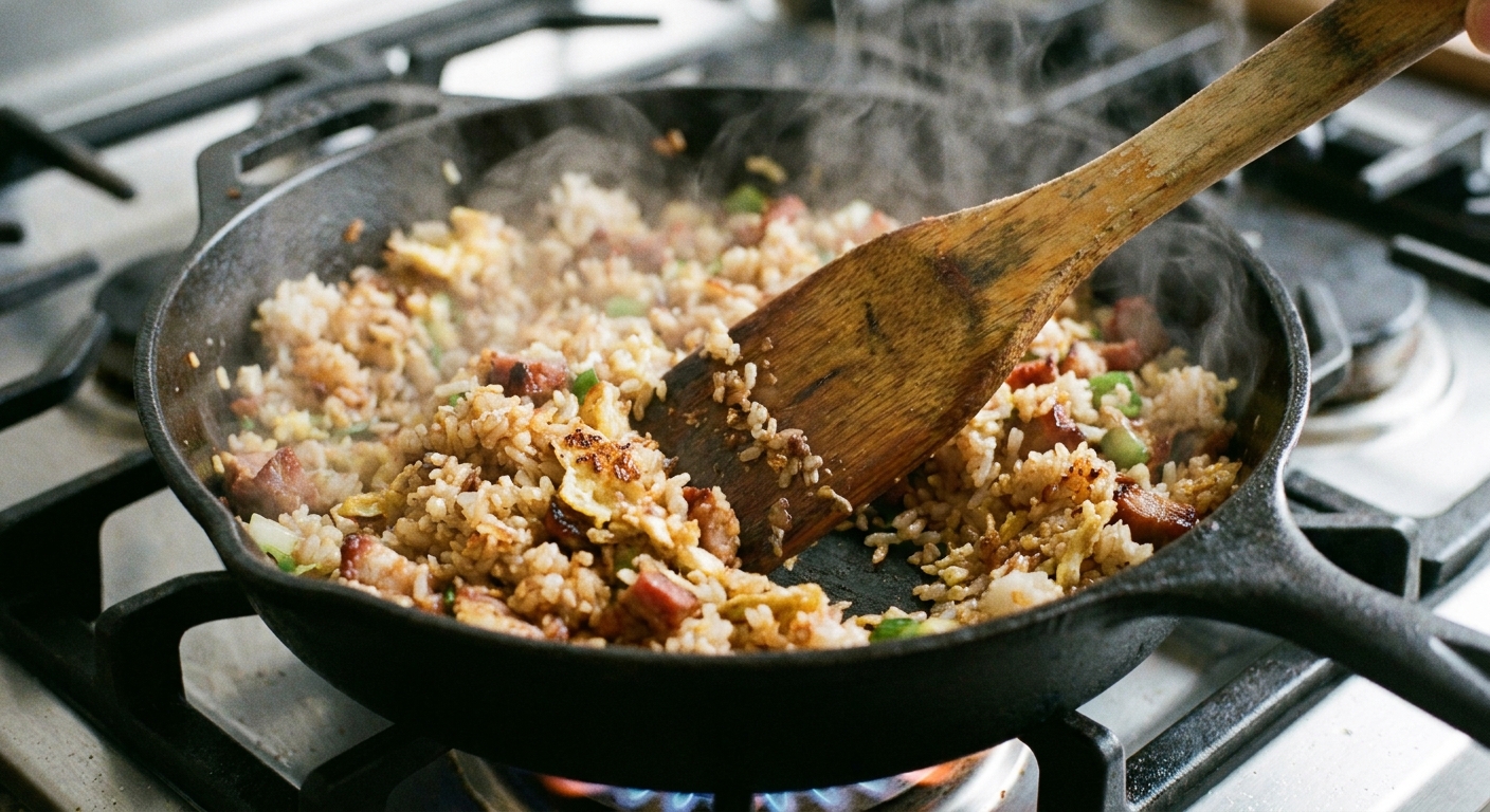 A wooden spatula stirring fried rice in a hot skillet with visible steam and crisp browned bits, close-up cooking photo