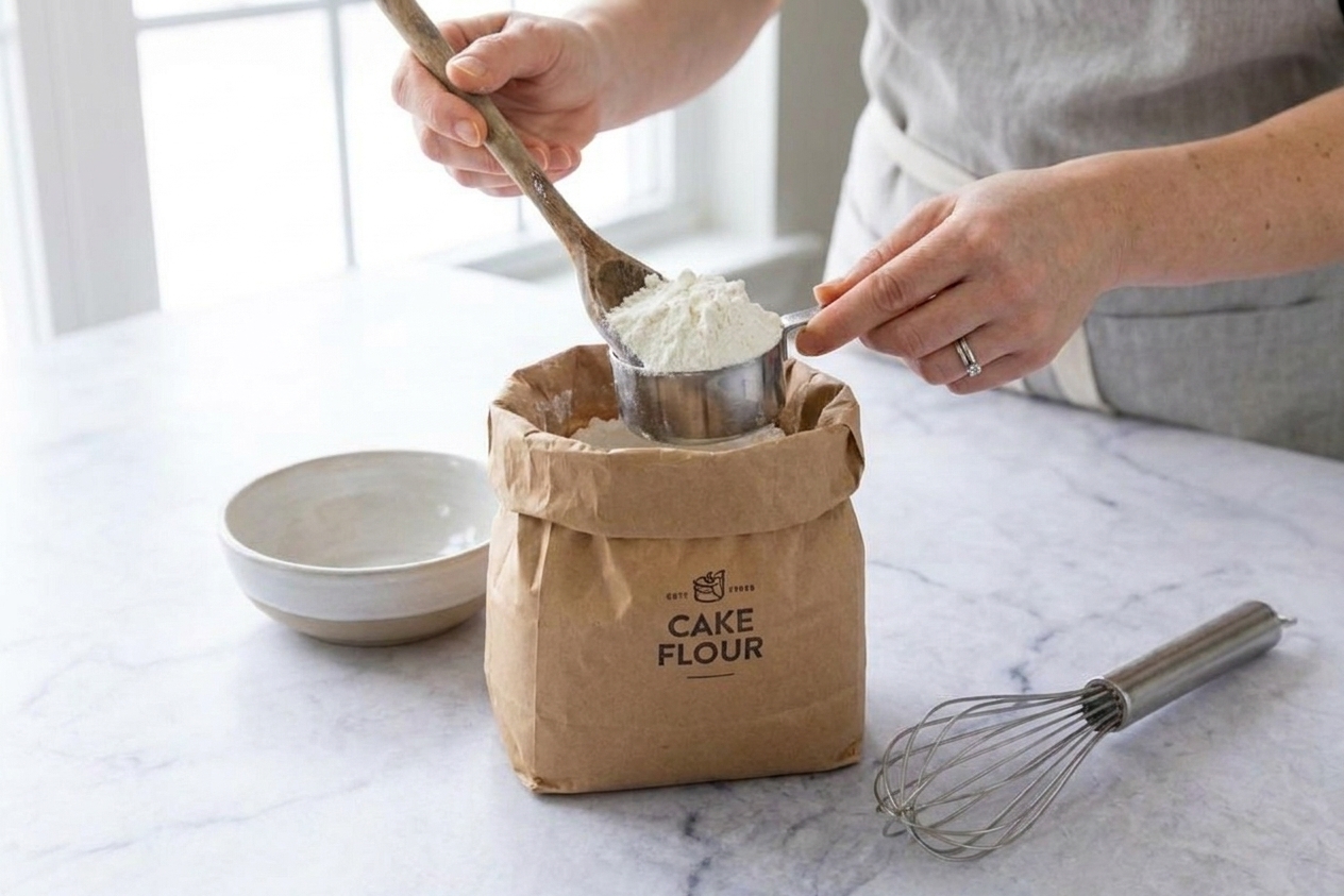 A wooden spoon and a metal measuring cup scooping fine white cake flour from an open bag on a light kitchen counter