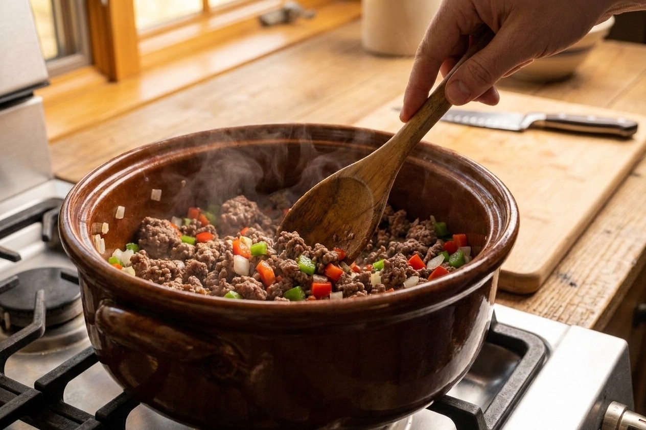 A wooden spoon breaking up browned ground beef in a large pot on a stovetop
