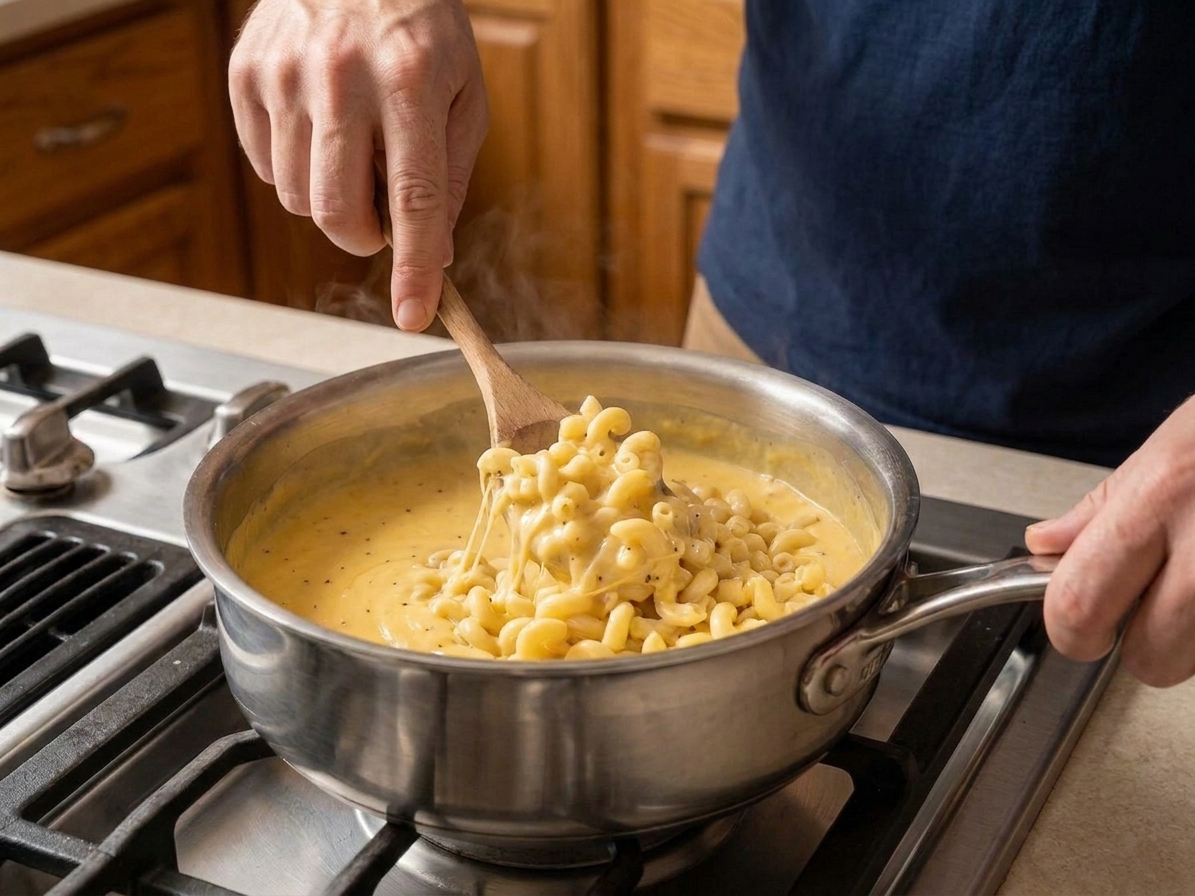 A wooden spoon folding cooked macaroni into a glossy cheese sauce in a pot
