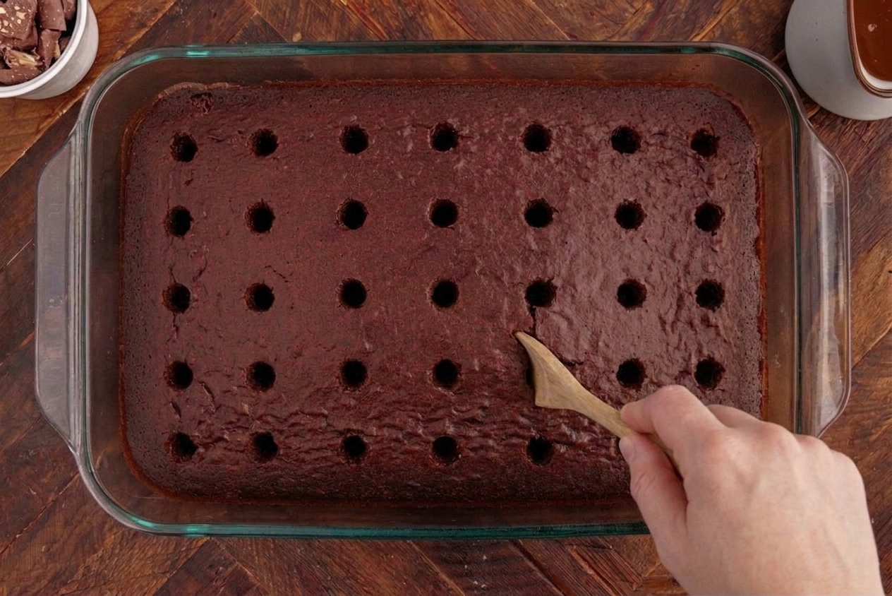A wooden spoon handle poking deep holes into a warm chocolate sheet cake in a 9x13 pan on a kitchen counter