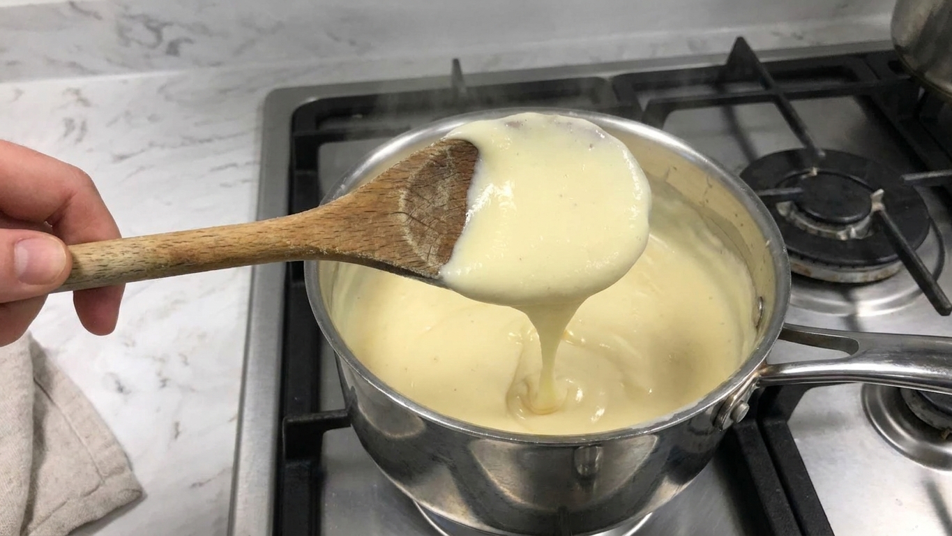 A wooden spoon lifted from a saucepan showing thick vanilla custard coating the back of the spoon in a home kitchen