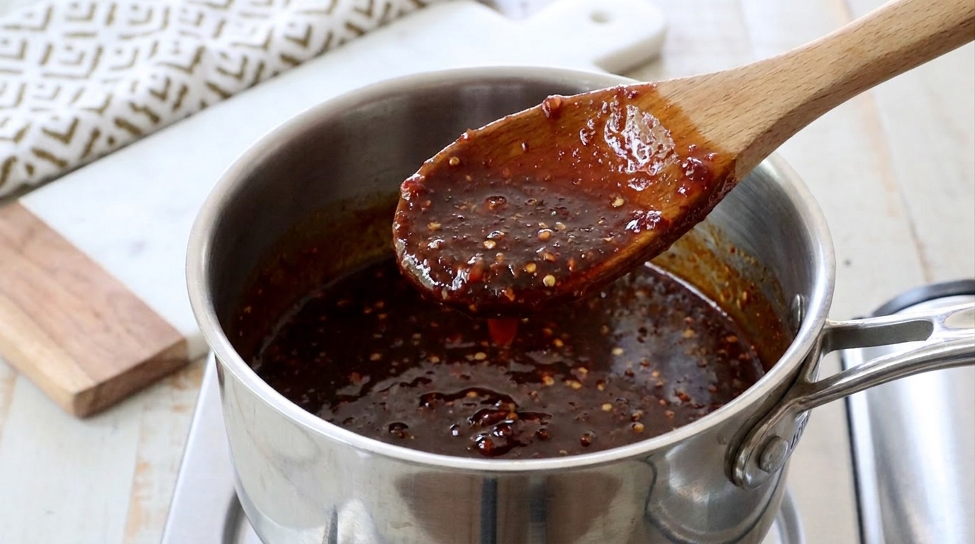 A wooden spoon lifted over a saucepan showing the sauce coating the spoon in a shiny layer