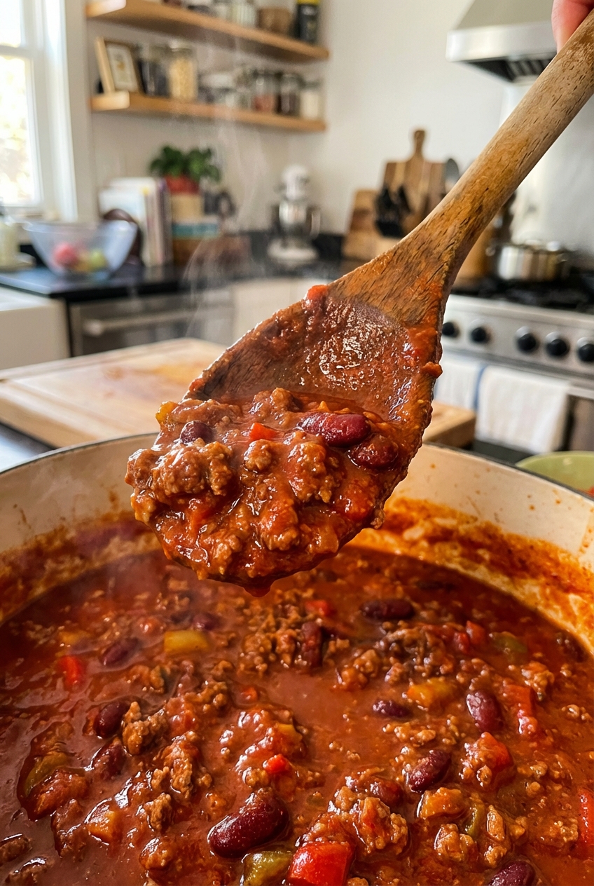 A wooden spoon lifting a scoop of thick chili from a pot, showing tender ground beef, beans, and a glossy red sauce