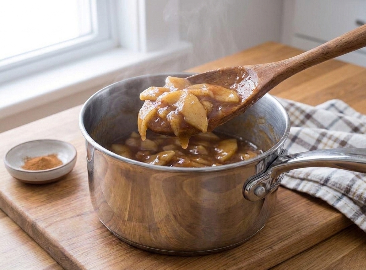 A wooden spoon lifting cinnamon apple pie filling from a saucepan, showing a thick glossy sauce clinging to the apples