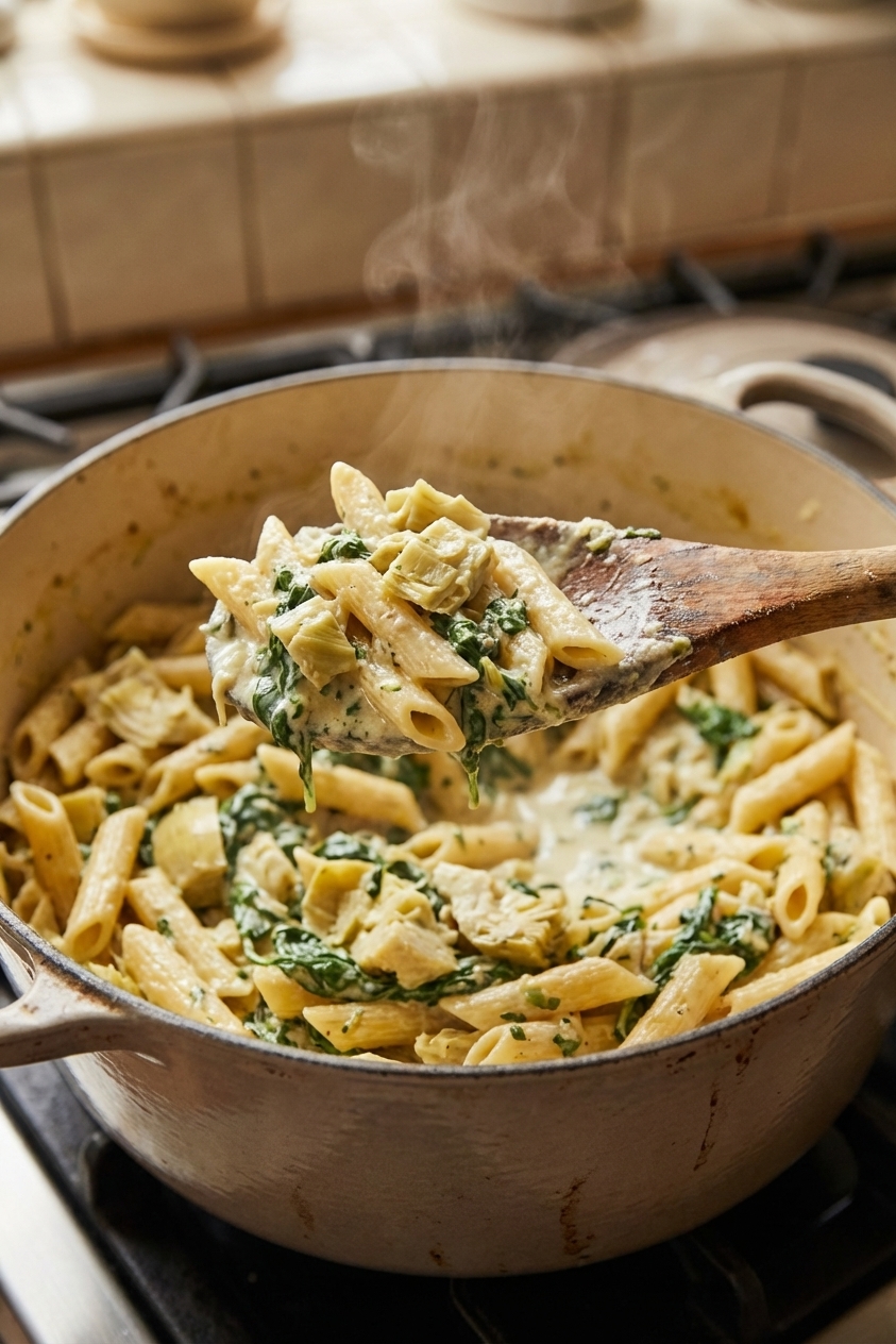 A wooden spoon lifting penne coated in creamy spinach artichoke sauce from a pot, with visible spinach and chopped artichoke hearts, steam rising, photorealistic
