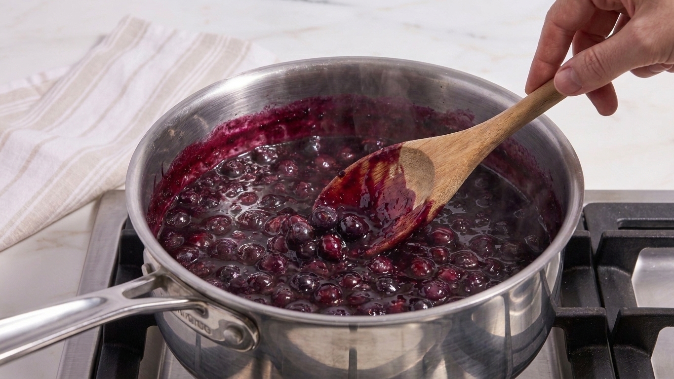 A wooden spoon mashing a portion of blueberries in a saucepan as the berries release purple juices