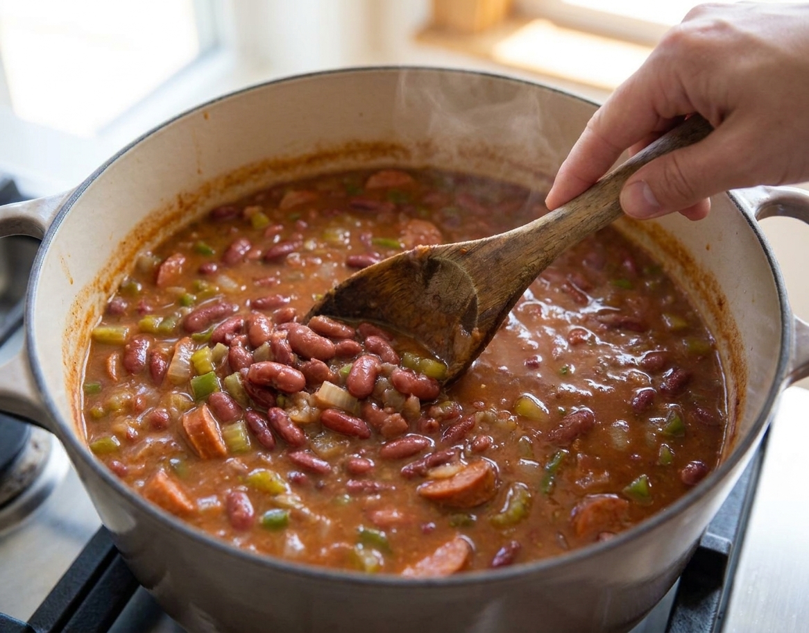 A wooden spoon mashing tender red beans against the side of a Dutch oven as the beans thicken