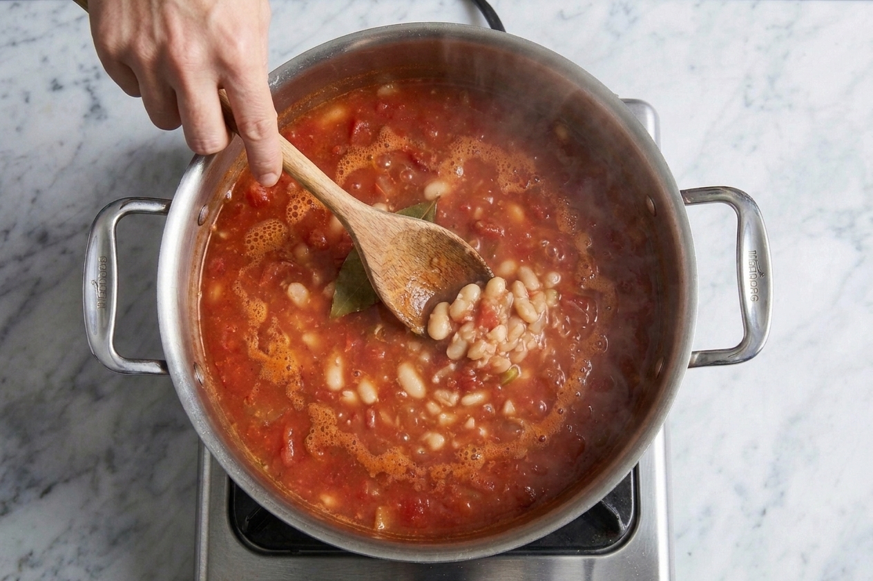 A wooden spoon mashing white beans against the side of a pot of tomato-bean soup to thicken the broth