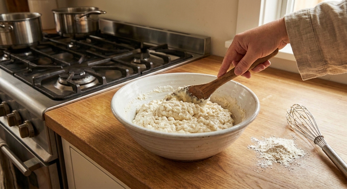 A wooden spoon mixing cottage cheese bagel dough in a large white bowl on a home kitchen counter