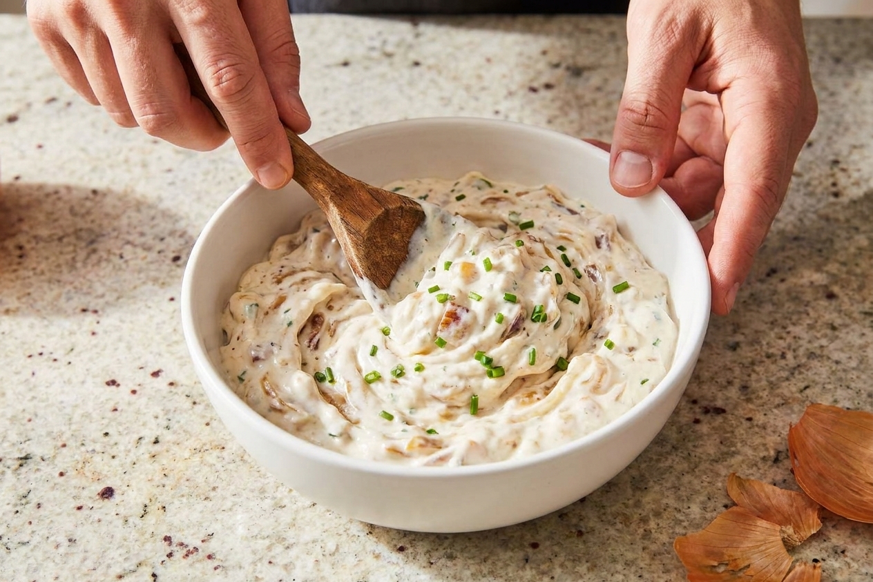 A wooden spoon mixing creamy onion chip dip in a white bowl on a stone countertop, with visible flecks of onion and chives
