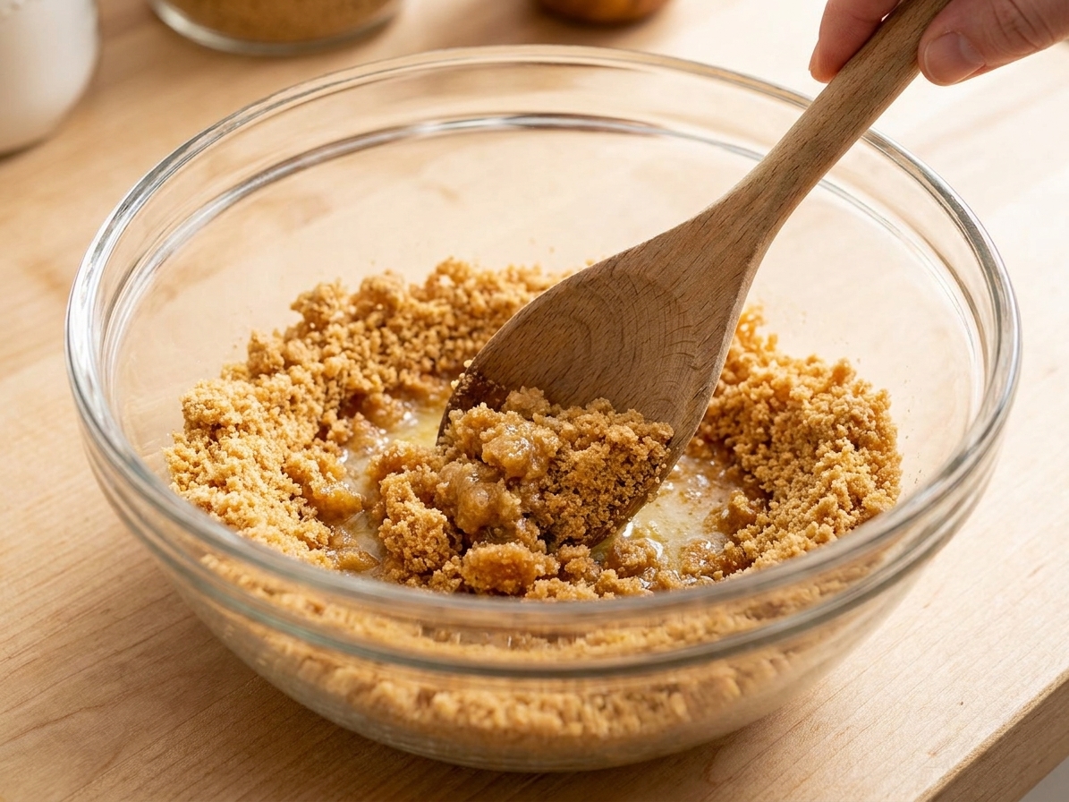 A wooden spoon mixing graham cracker crumbs with melted butter in a glass bowl on a light kitchen counter