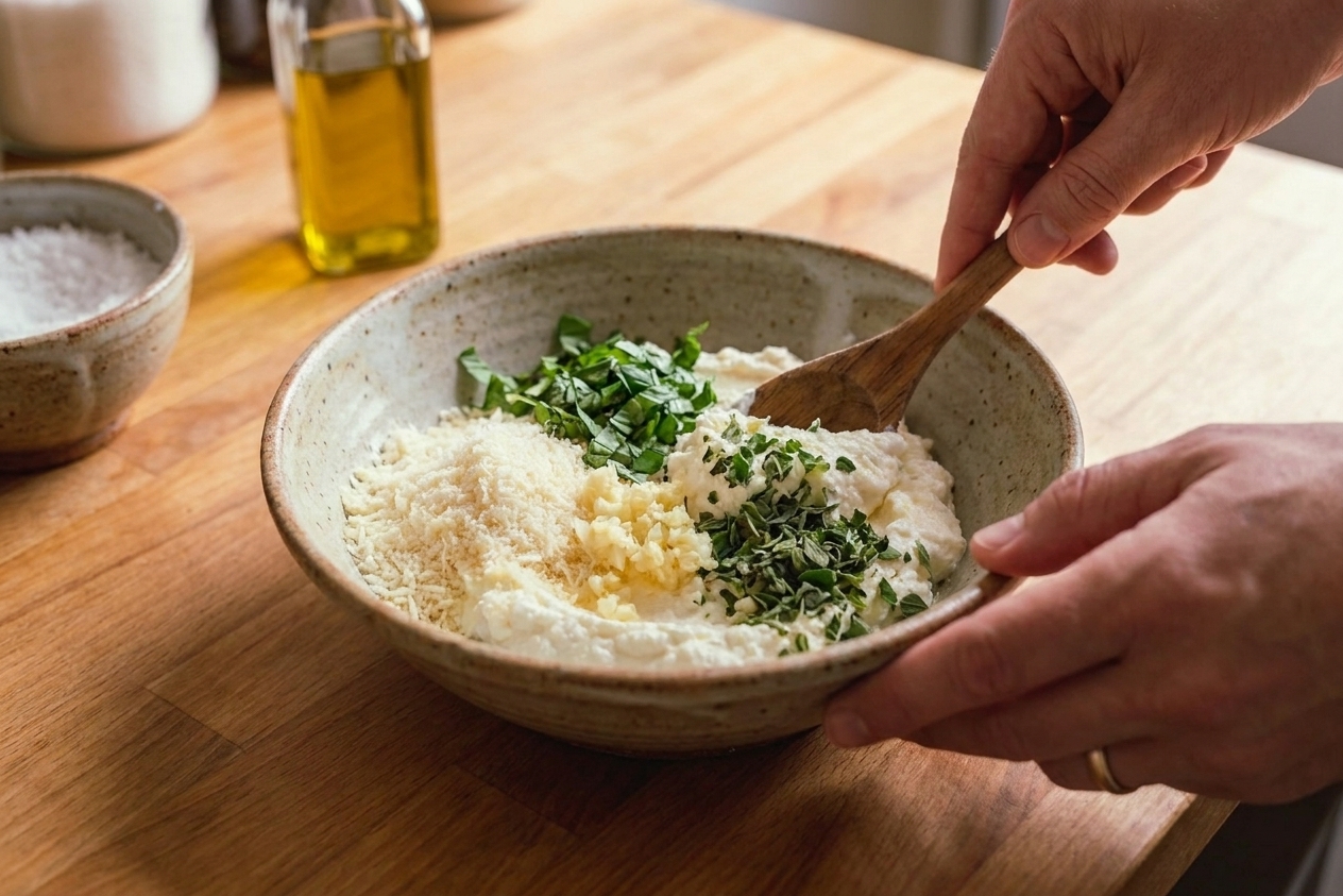 A wooden spoon mixing ricotta, grated parmesan, garlic, and herbs in a ceramic bowl on a kitchen counter