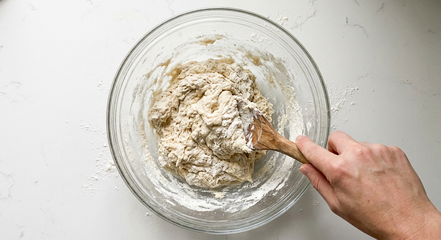 A wooden spoon mixing shaggy sourdough dough in a large glass bowl on a kitchen counter
