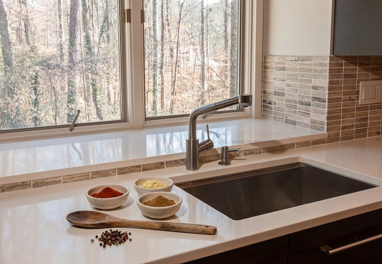 A wooden spoon on a counter beside small bowls of spices, set up like a simple cooking prep station