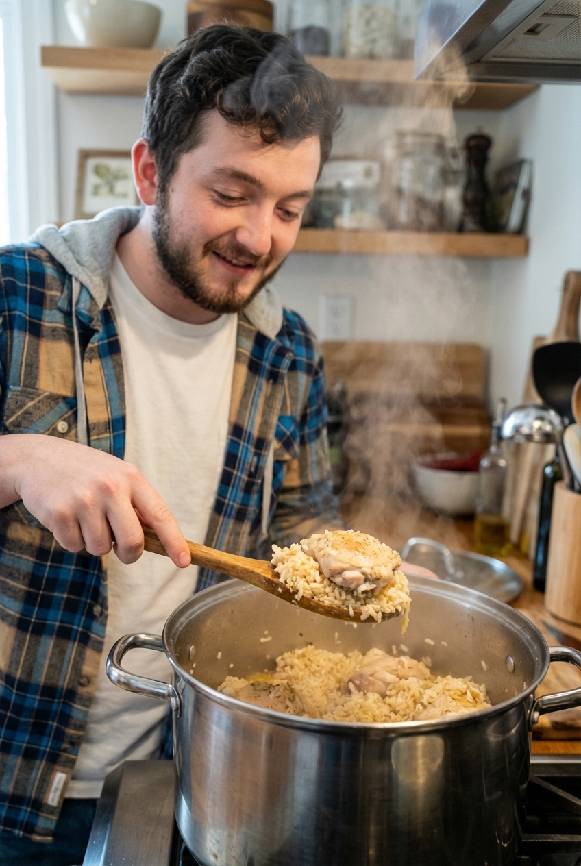A wooden spoon scooping chicken and rice from a pot with steam rising