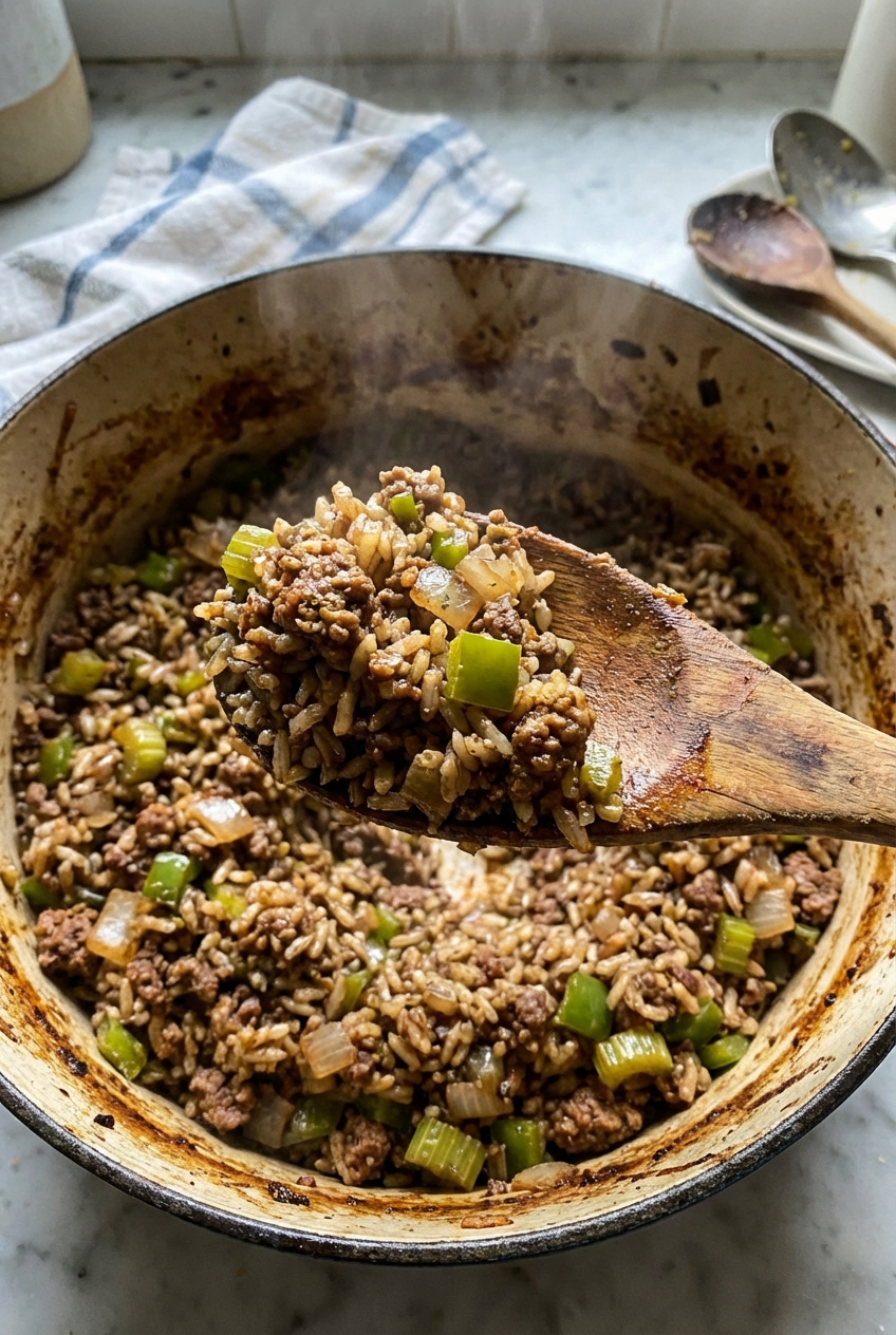 A wooden spoon scooping dirty rice from a pot with visible browned bits and diced vegetables
