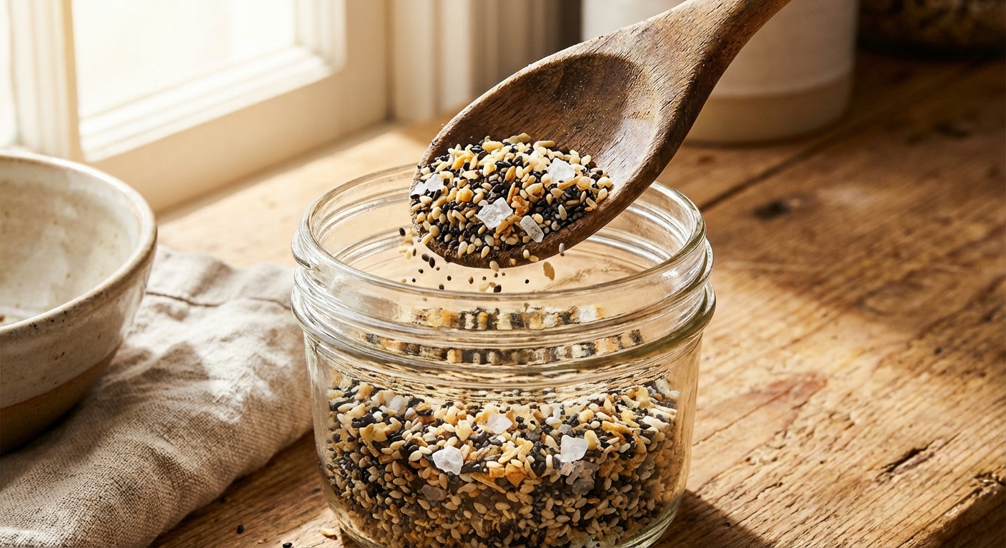A wooden spoon scooping everything bagel seasoning from a glass jar, with the seasoning mixture visible in detail showing sesame seeds, poppy seeds, dried minced garlic, dried minced onion, and flaky salt crystals, bright natural light, photorealistic food photography