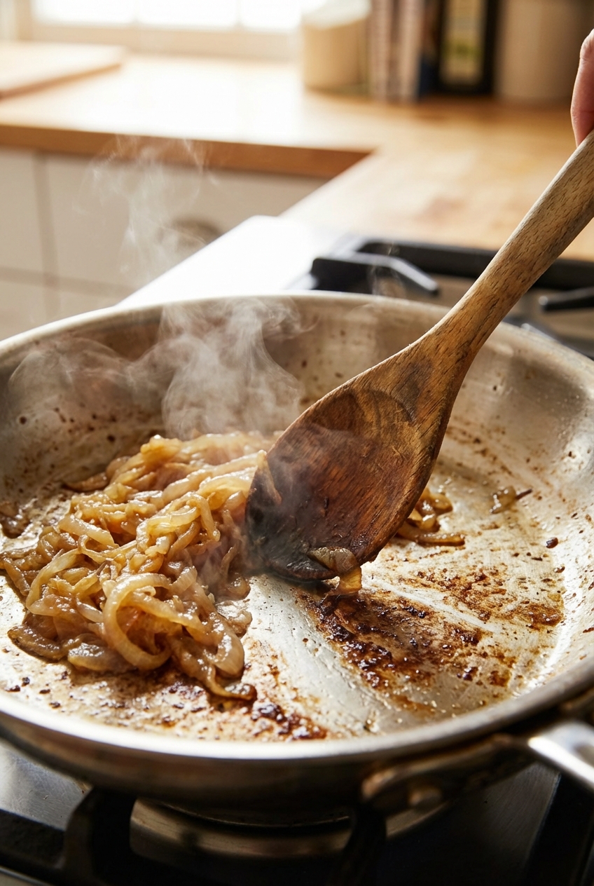 A wooden spoon scraping browned bits from the bottom of a stainless steel skillet with caramelized onions as a splash of water steams