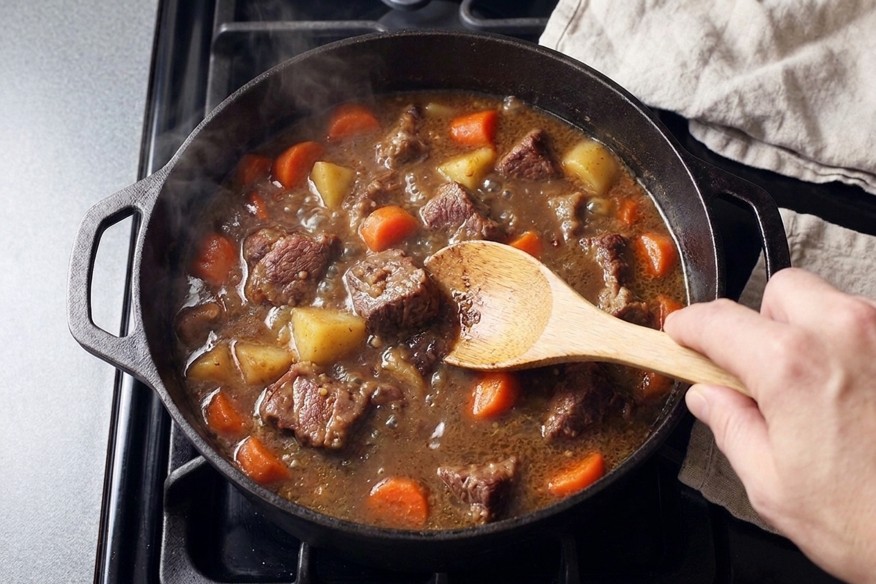 A wooden spoon scraping browned bits from the bottom of a pot while liquid simmers