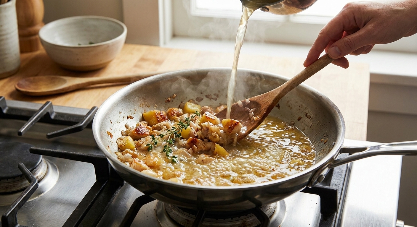A wooden spoon scraping browned bits in a small skillet as broth bubbles to form a quick pan sauce