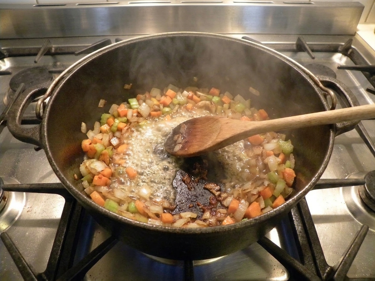 A wooden spoon scraping browned bits while white wine bubbles in a Dutch oven with sautéed vegetables