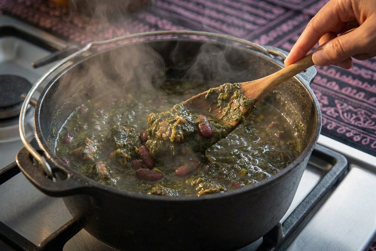 A wooden spoon stirring a Dutch oven of ghormeh sabzi on the stovetop, with steam rising and the spoon coated in dark green stew
