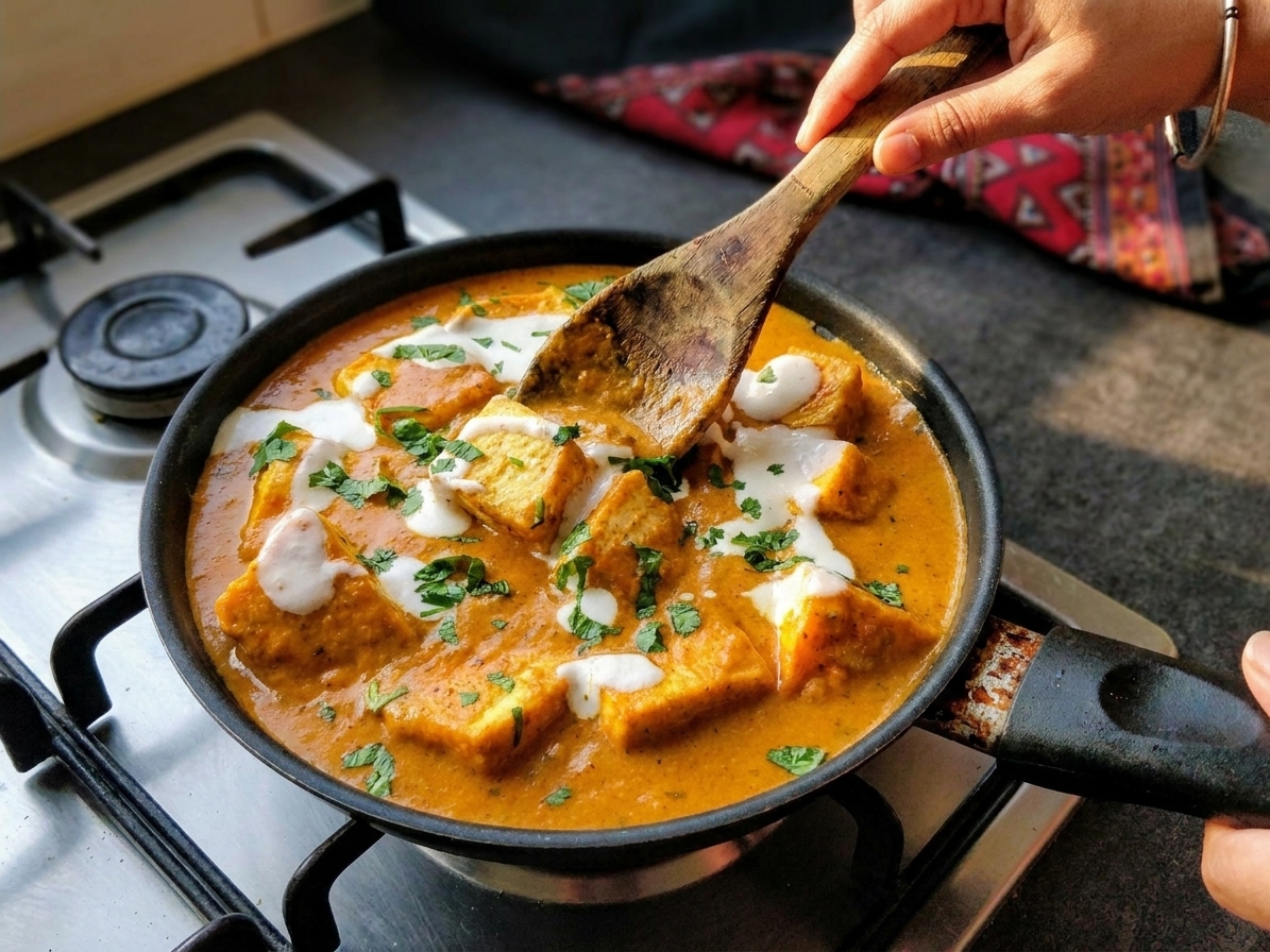A wooden spoon stirring a creamy orange butter paneer masala in a skillet on a home stovetop in warm evening light