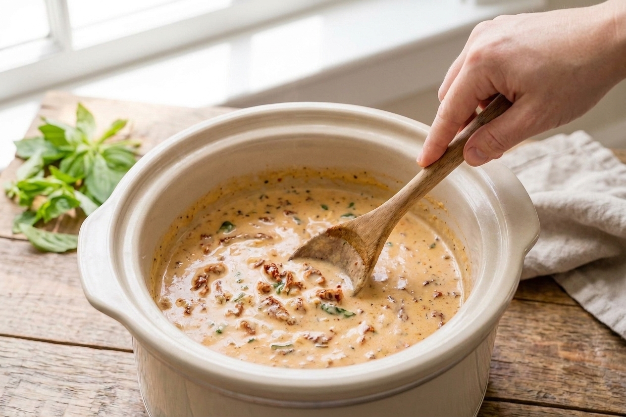 A wooden spoon stirring a creamy pale orange sauce in a slow cooker, with small bits of sun-dried tomato visible
