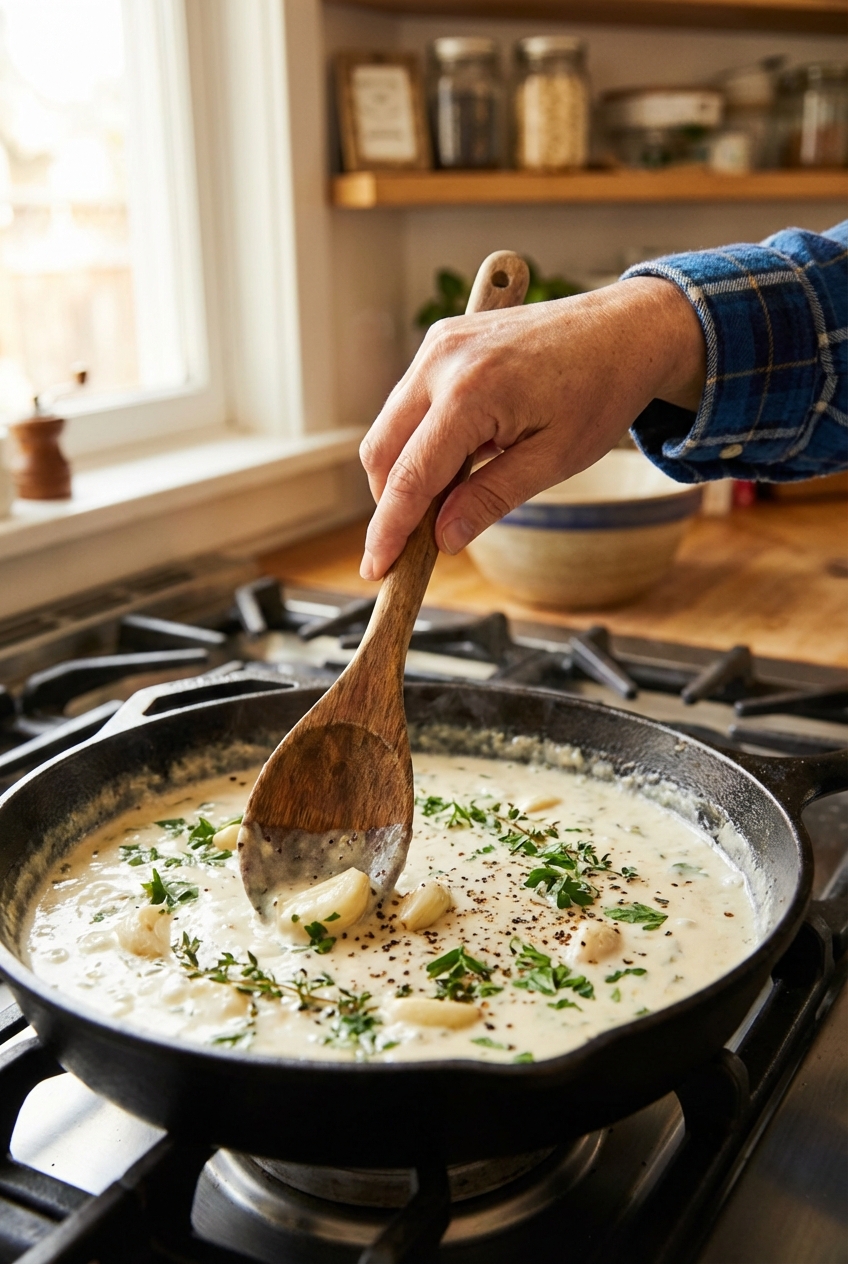 A wooden spoon stirring a creamy sauce with garlic and herbs in a skillet