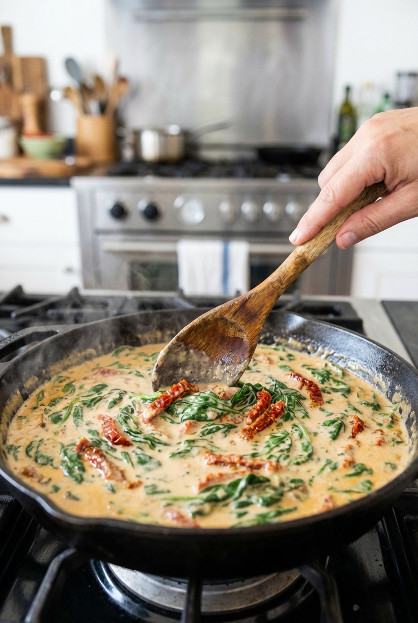 A wooden spoon stirring a creamy sauce with spinach and sun-dried tomatoes in a skillet