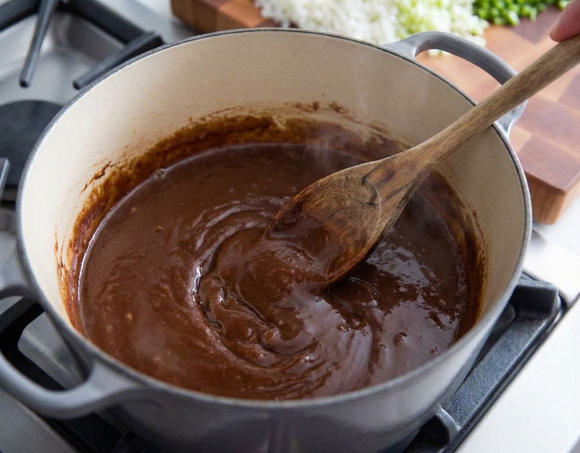 A wooden spoon stirring a deep brown roux in a Dutch oven on the stovetop