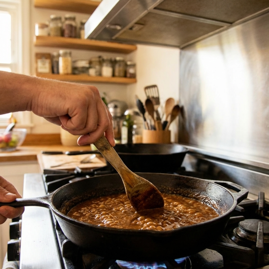 A wooden spoon stirring a deep brown roux in a cast iron skillet