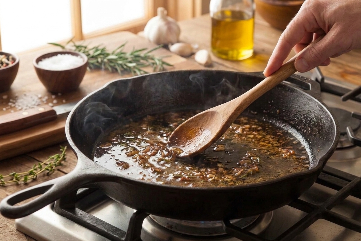 A wooden spoon stirring a glossy garlic rosemary pan sauce in a cast iron skillet with browned bits dissolving into the liquid
