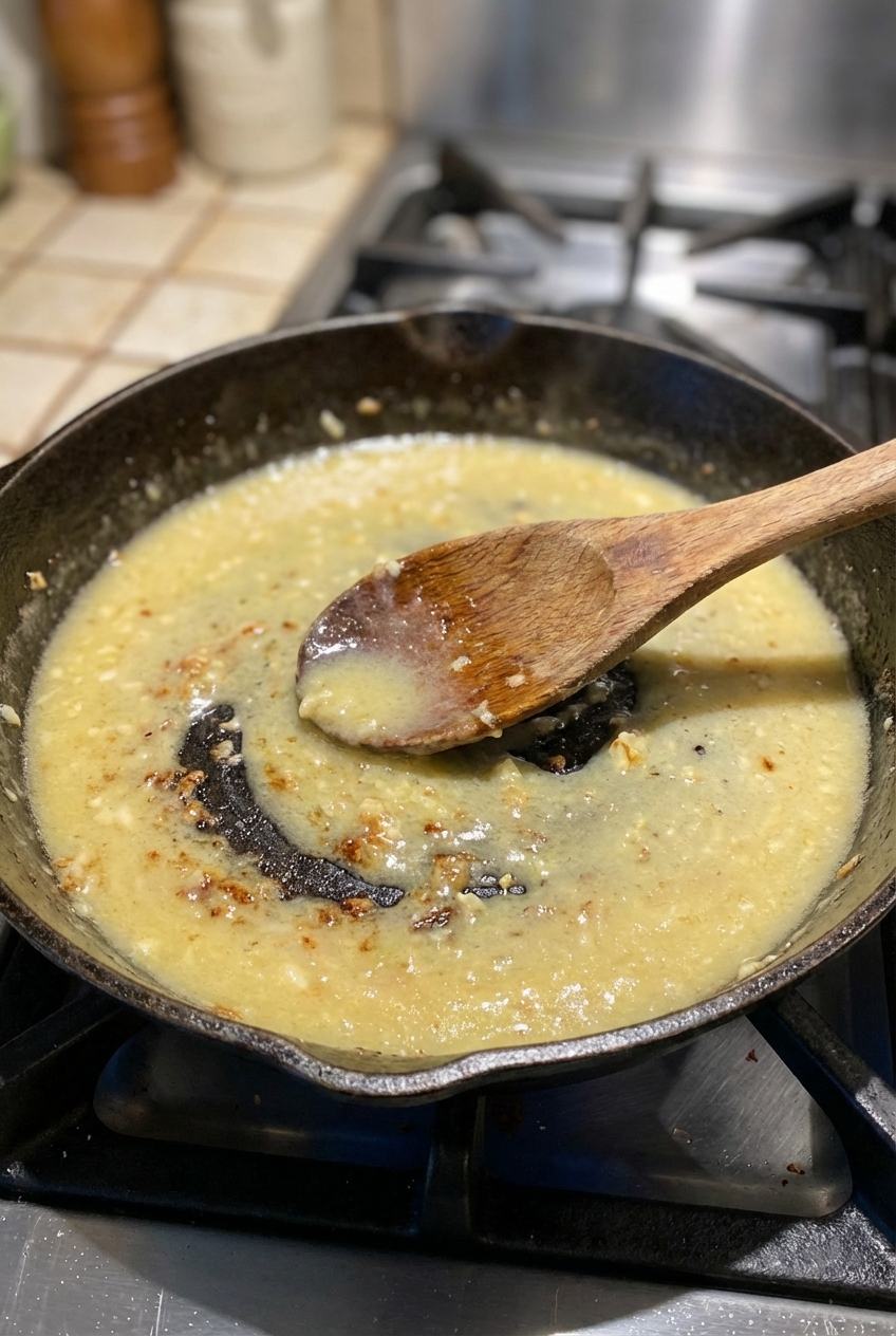 A wooden spoon stirring a glossy lemon garlic sauce in a skillet with browned bits