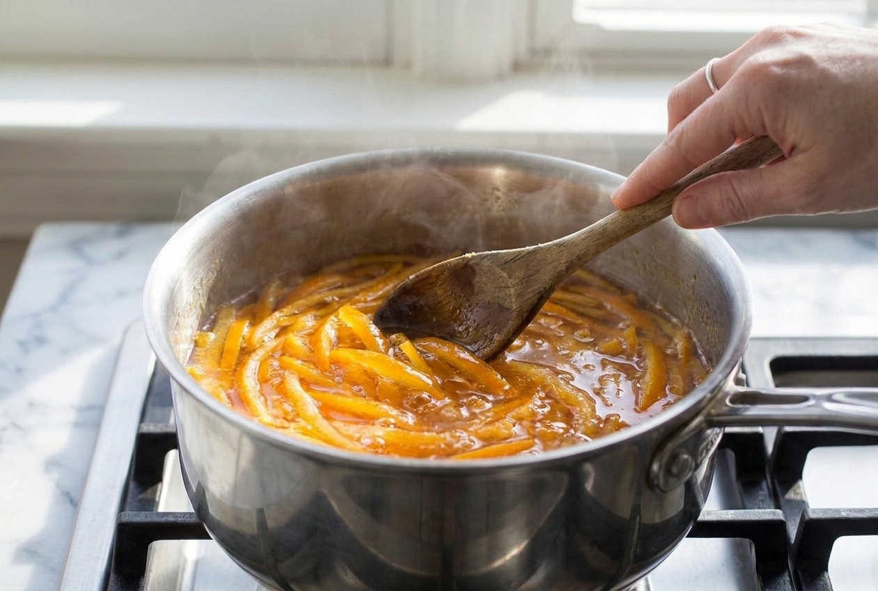 A wooden spoon stirring a pot of orange marmalade as it begins to turn glossy